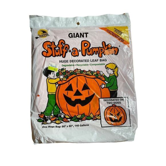 NEW! Vintage Halloween Giant Stuff a pumpkin leaf bag. 2 Sided. 140 gallons. - Picture 1 of 2